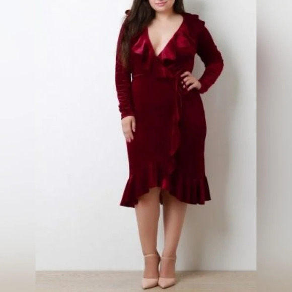 Cranberry velvet Ruffle Wrap Midi Dresssize 14 Holiday Festive Whimsigoth - Picture 1 of 3